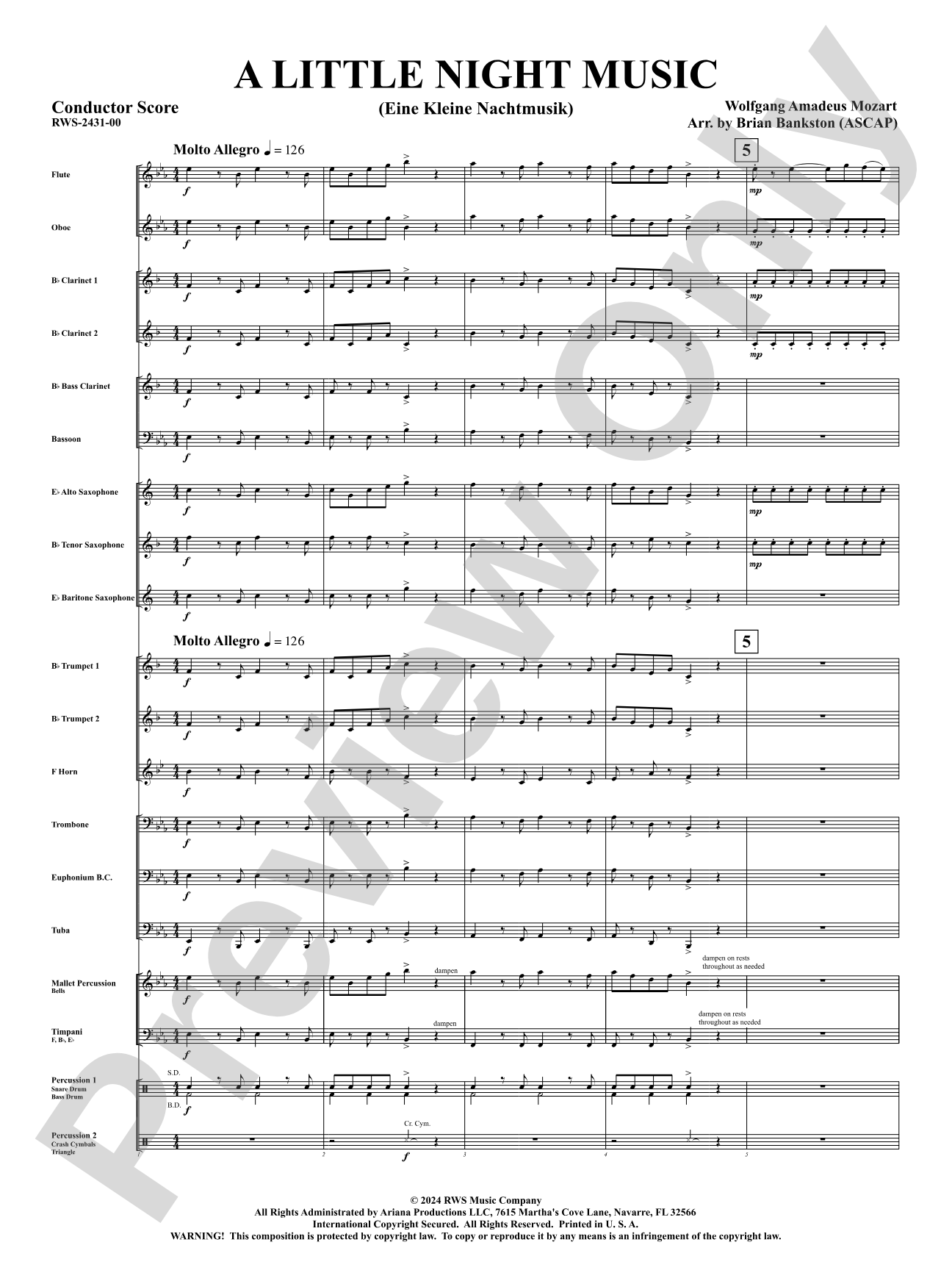 A Little Night Music - (Eine Kleine Nachtmusik): Concert Band Conductor Score & Parts