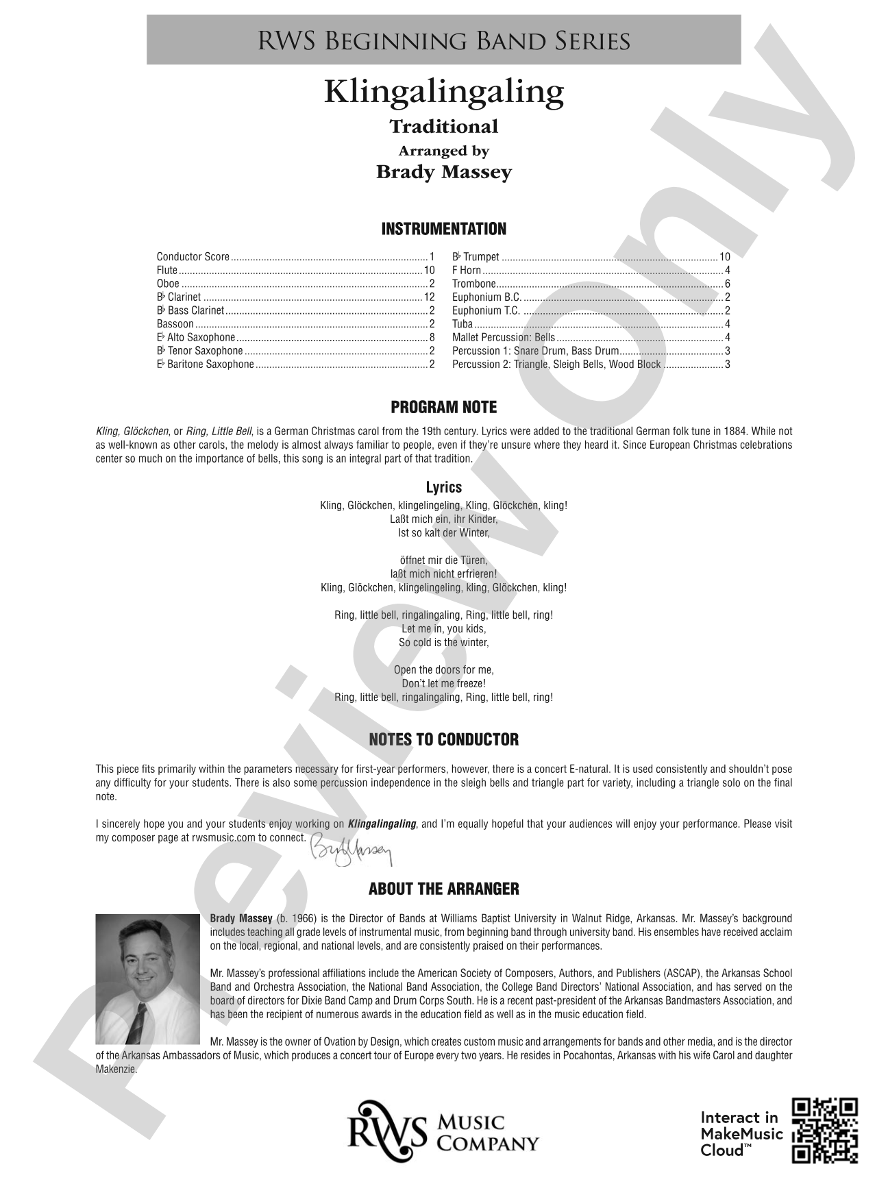 Klingalingaling: Concert Band Conductor Score & Parts