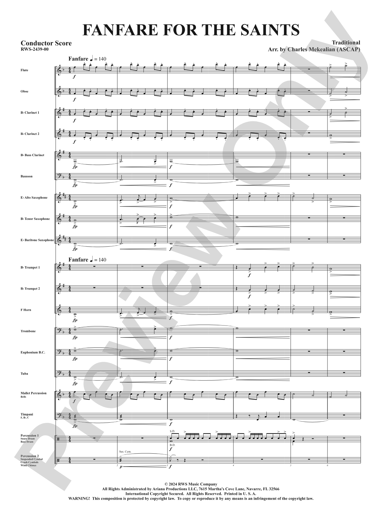 Fanfare For The Saints: Concert Band Conductor Score & Parts