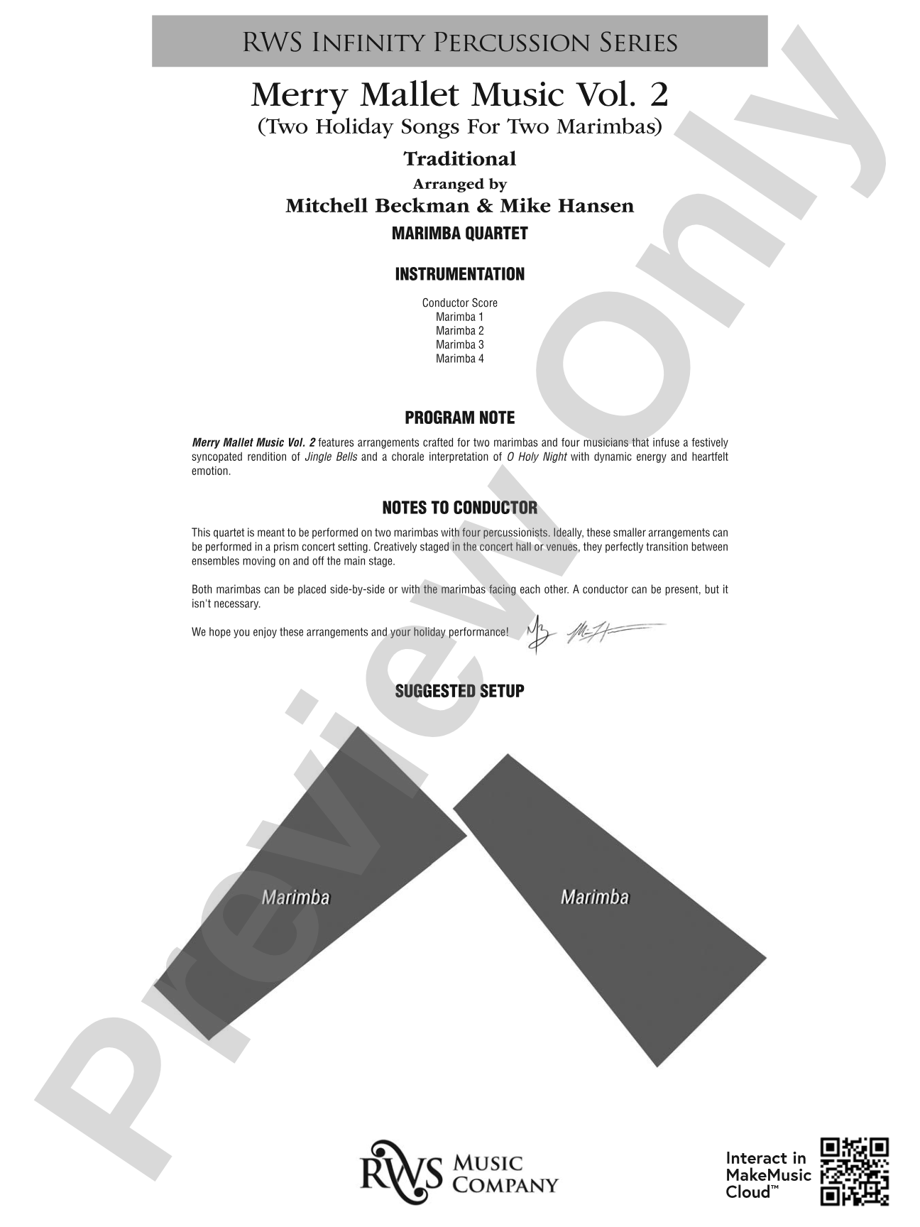 Merry Mallet Music Vol. 2 (Two Holiday Songs For Two Marimbas): Percussion Ensemble Conductor Score & Parts