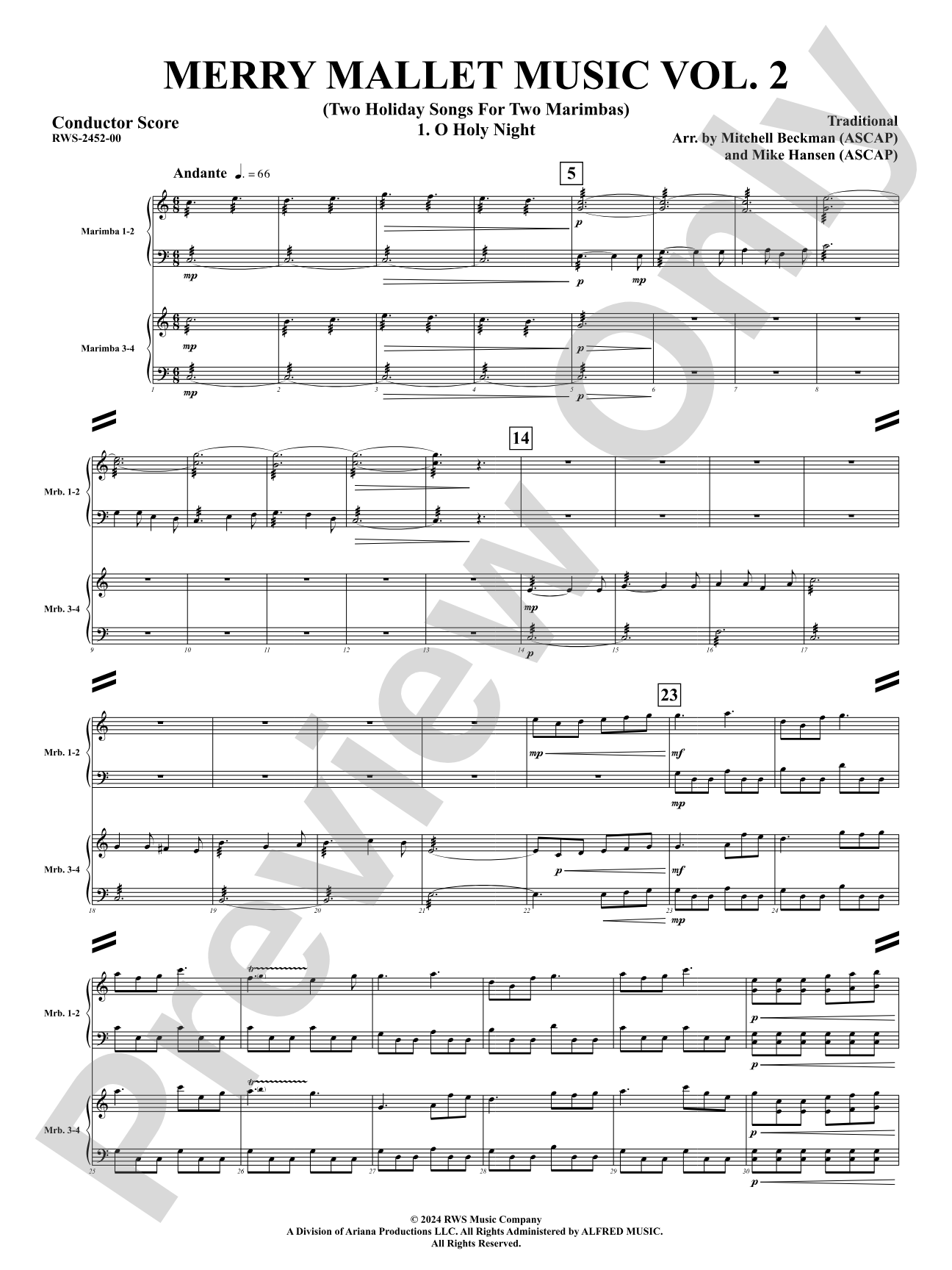 Merry Mallet Music Vol. 2 (Two Holiday Songs For Two Marimbas): Percussion Ensemble Conductor Score & Parts