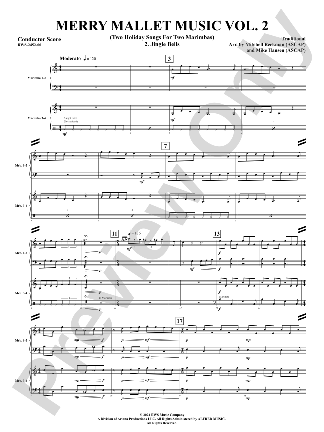 Merry Mallet Music Vol. 2 (Two Holiday Songs For Two Marimbas): Percussion Ensemble Conductor Score & Parts