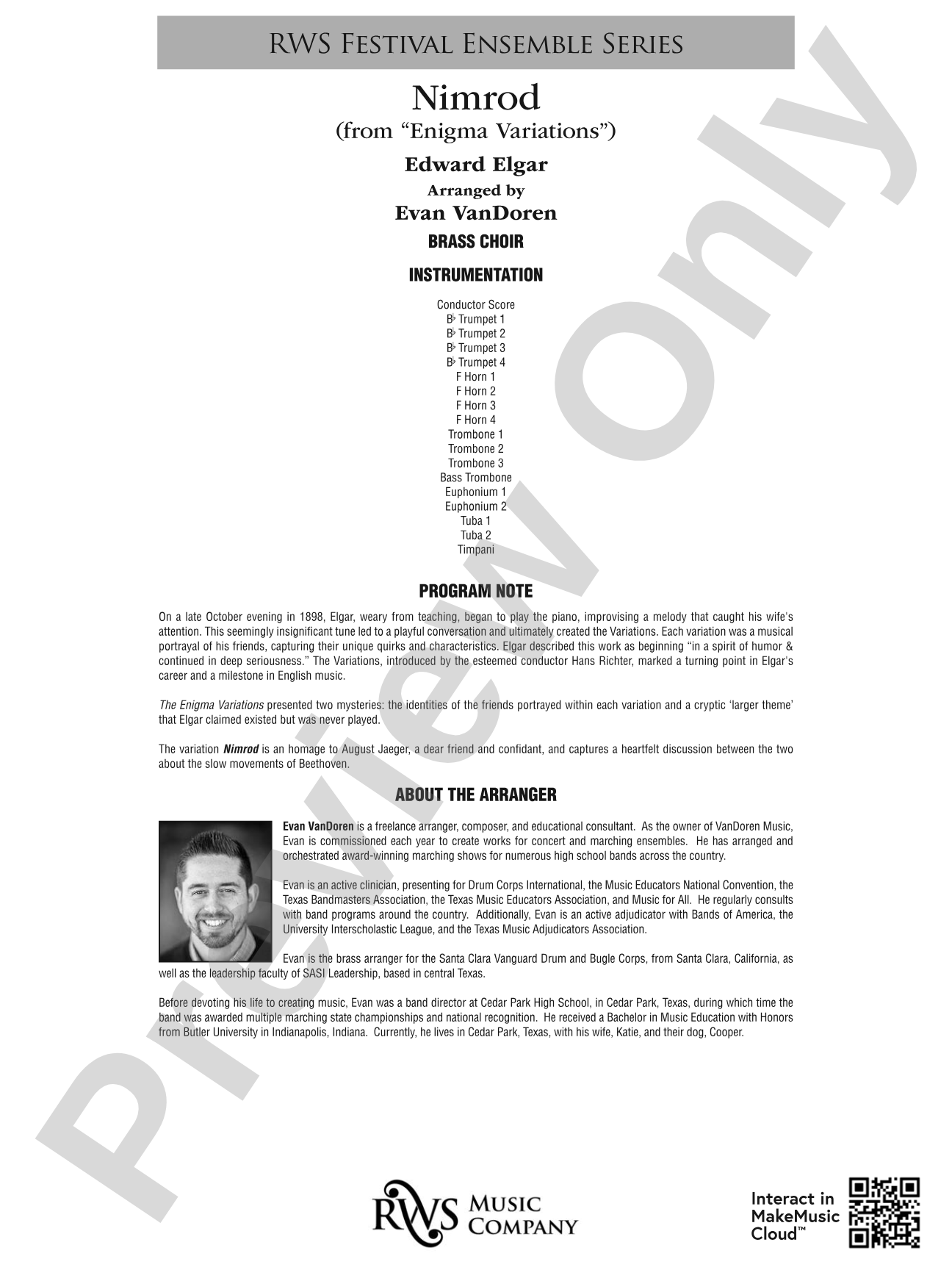 Nimrod (from "Enigma Variations"): Brass Ensemble Conductor Score & Parts