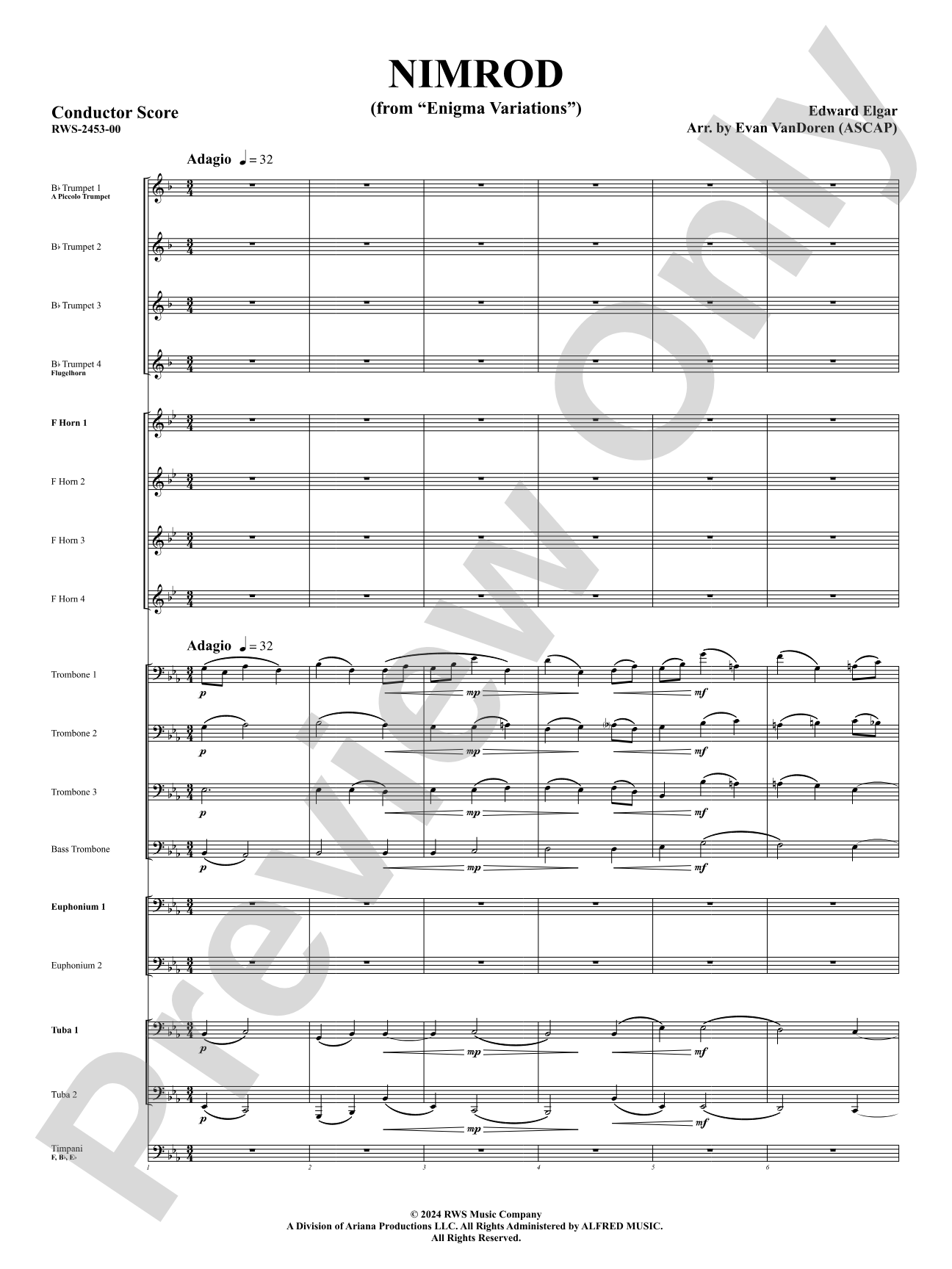 Nimrod (from "Enigma Variations"): Brass Ensemble Conductor Score & Parts