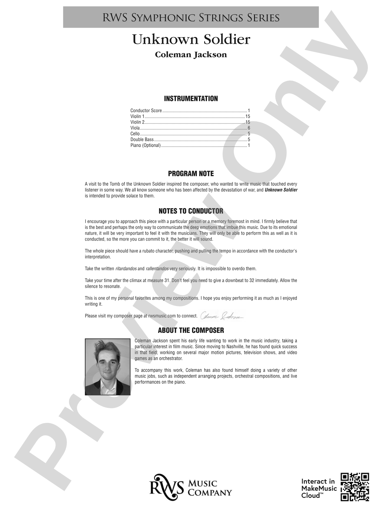 Unknown Soldier: String Orchestra Conductor Score & Parts