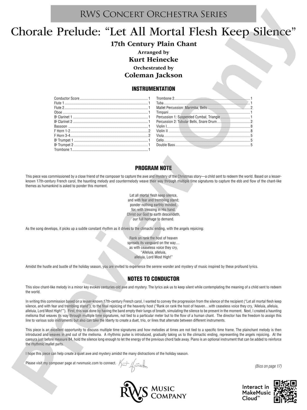 Chorale Prelude: Let All Mortal Flesh Keep Silence: Full Orchestra Conductor Score & Parts