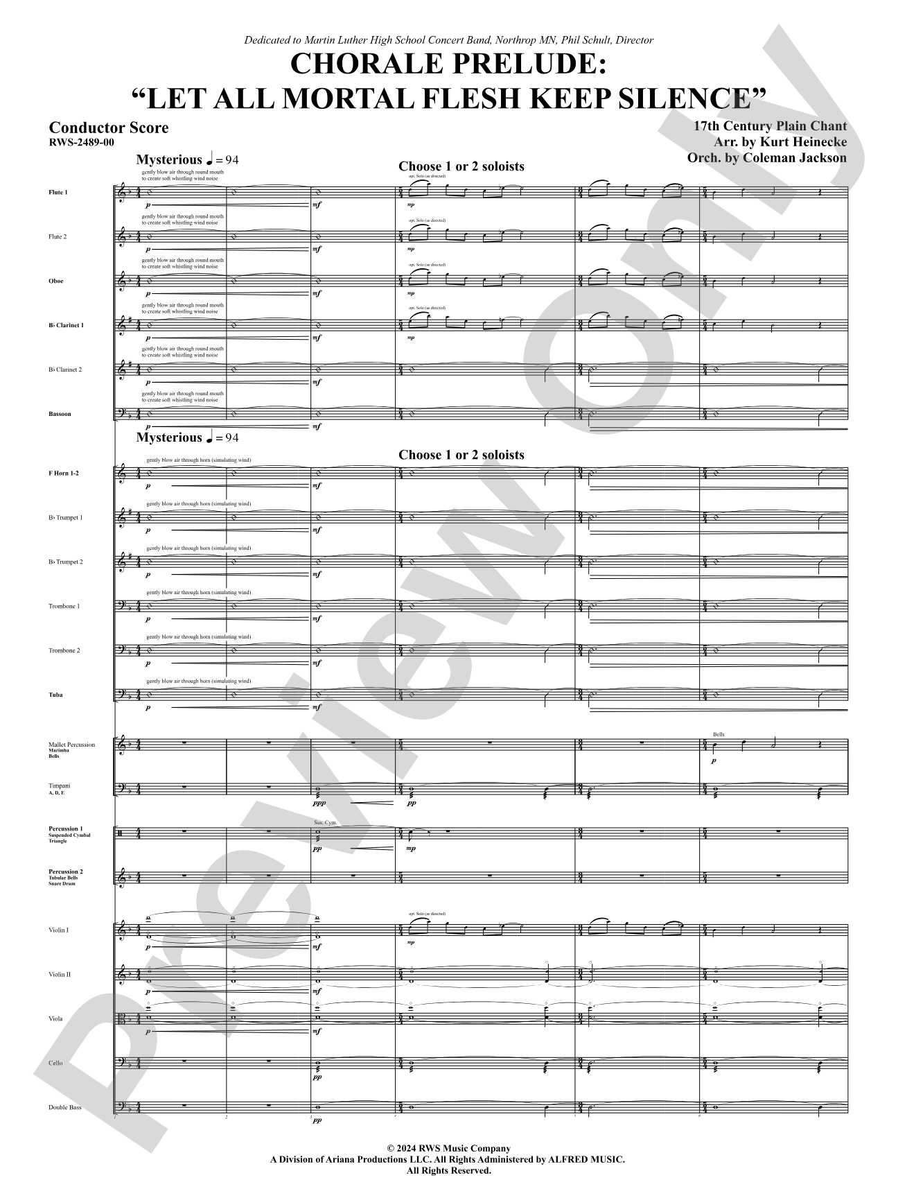 Chorale Prelude: Let All Mortal Flesh Keep Silence: Full Orchestra Conductor Score & Parts