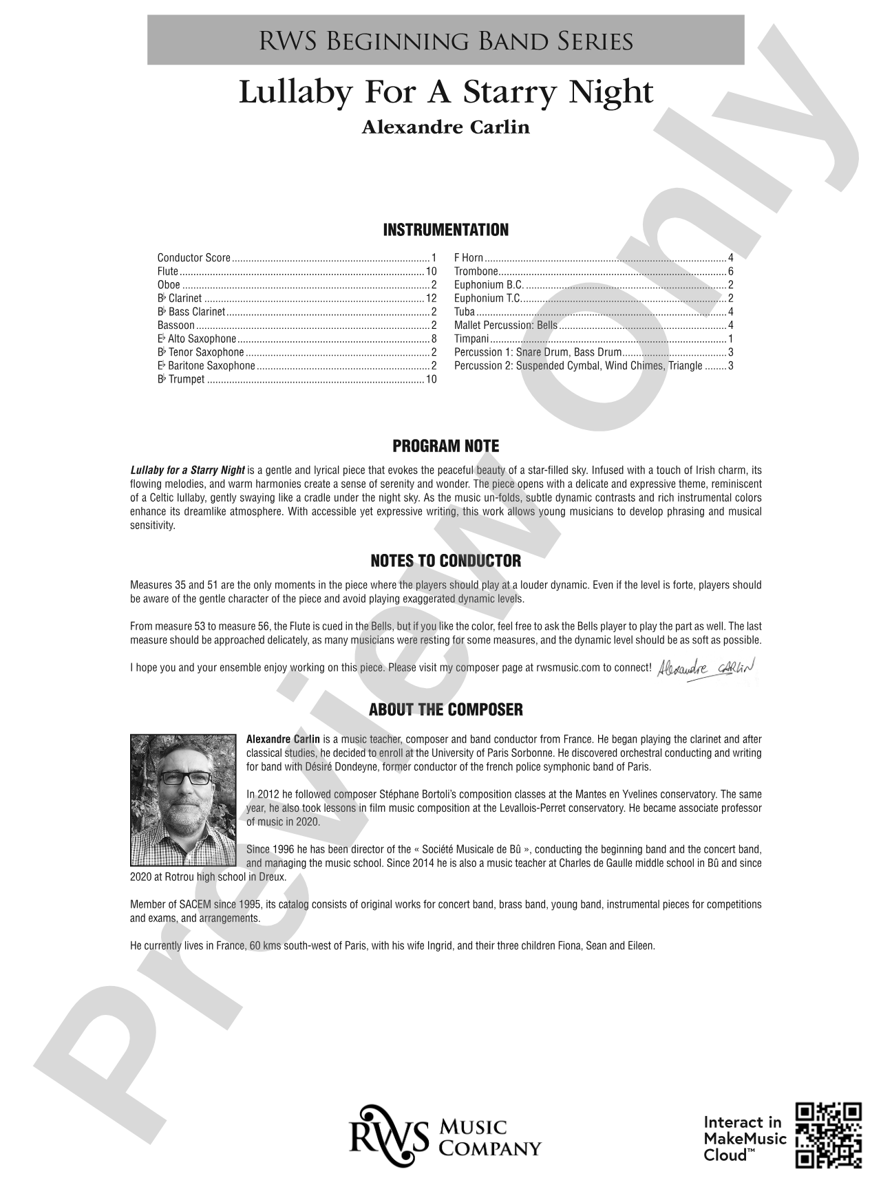 Lullaby For A Starry Night: Concert Band Conductor Score & Parts