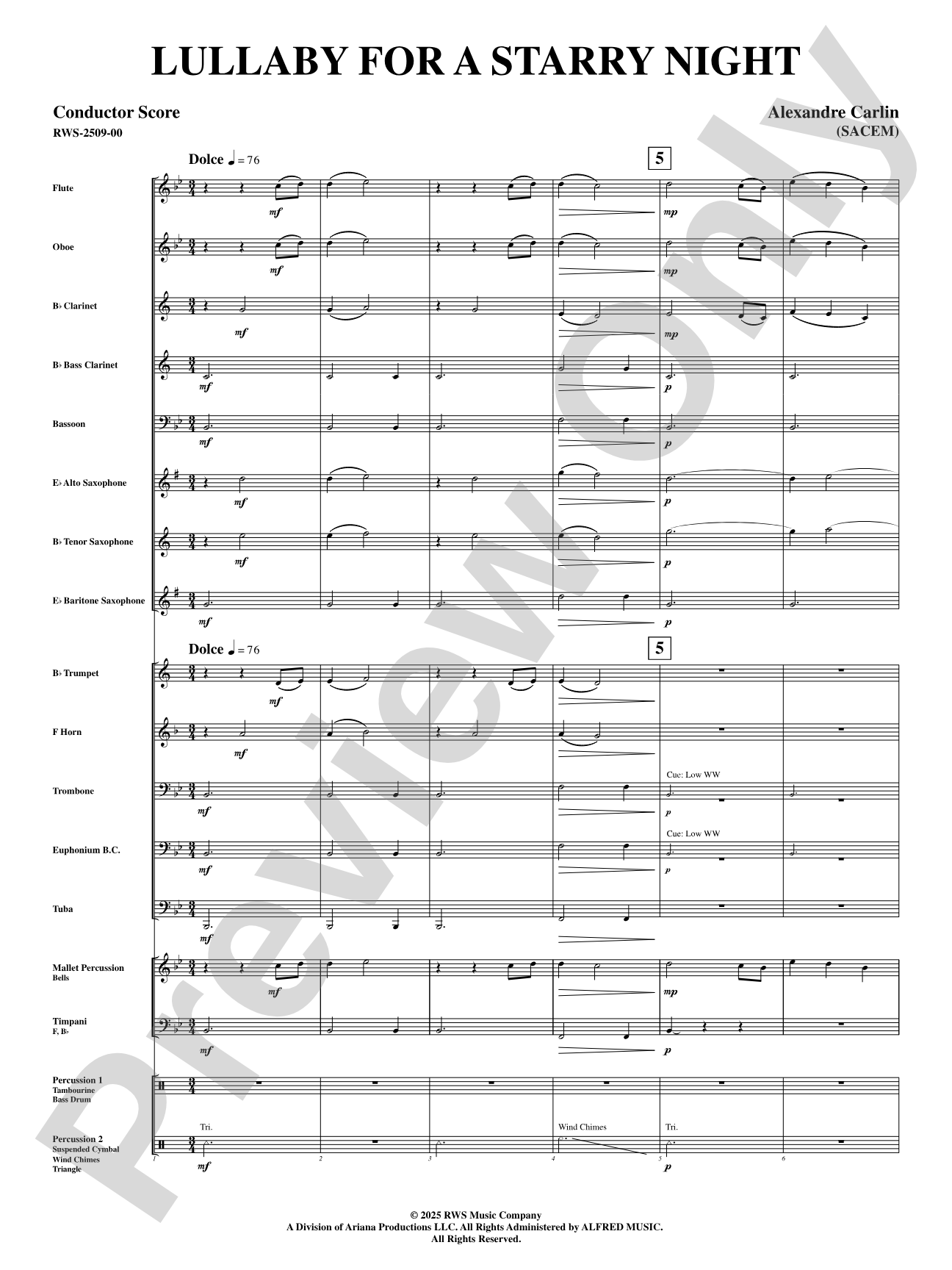 Lullaby For A Starry Night: Concert Band Conductor Score & Parts
