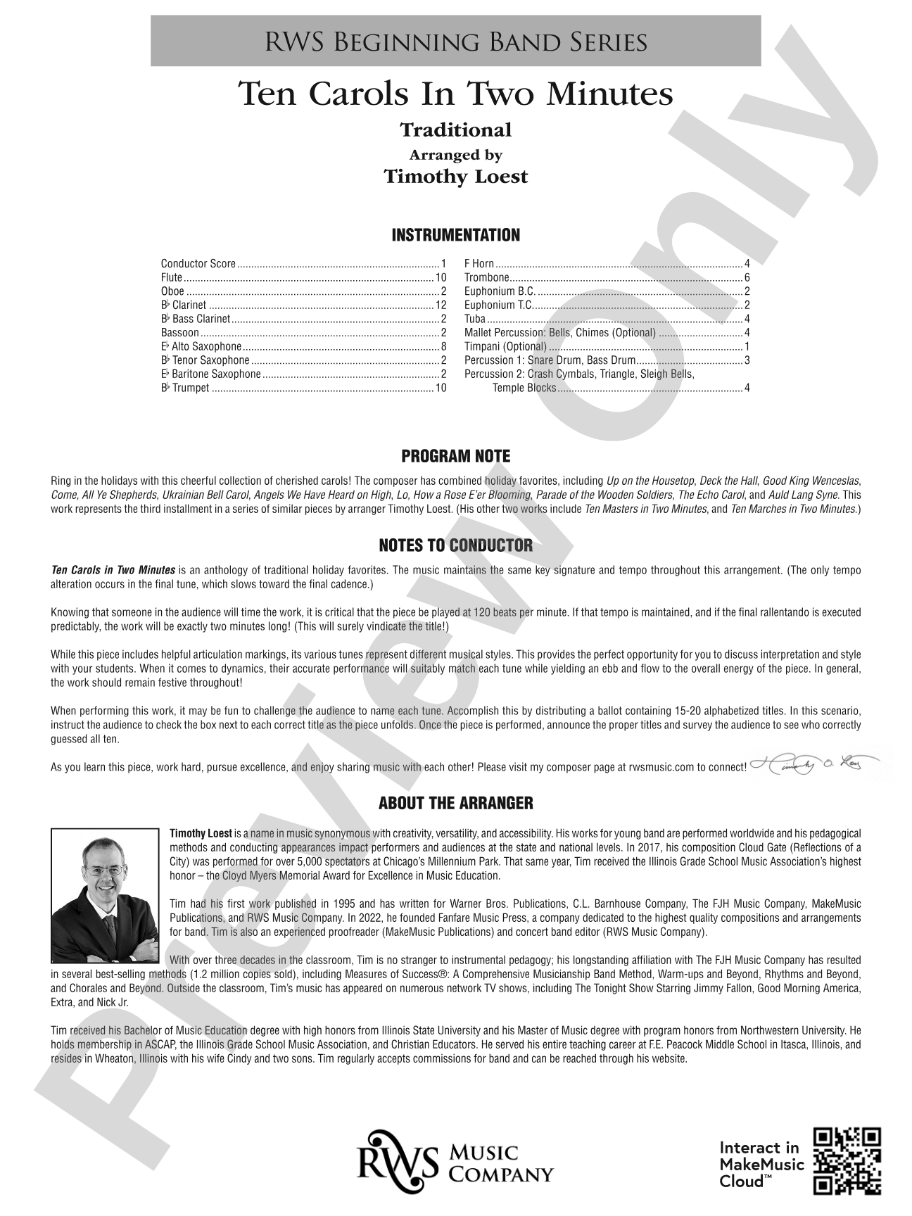 Ten Carols In Two Minutes: Concert Band Conductor Score & Parts