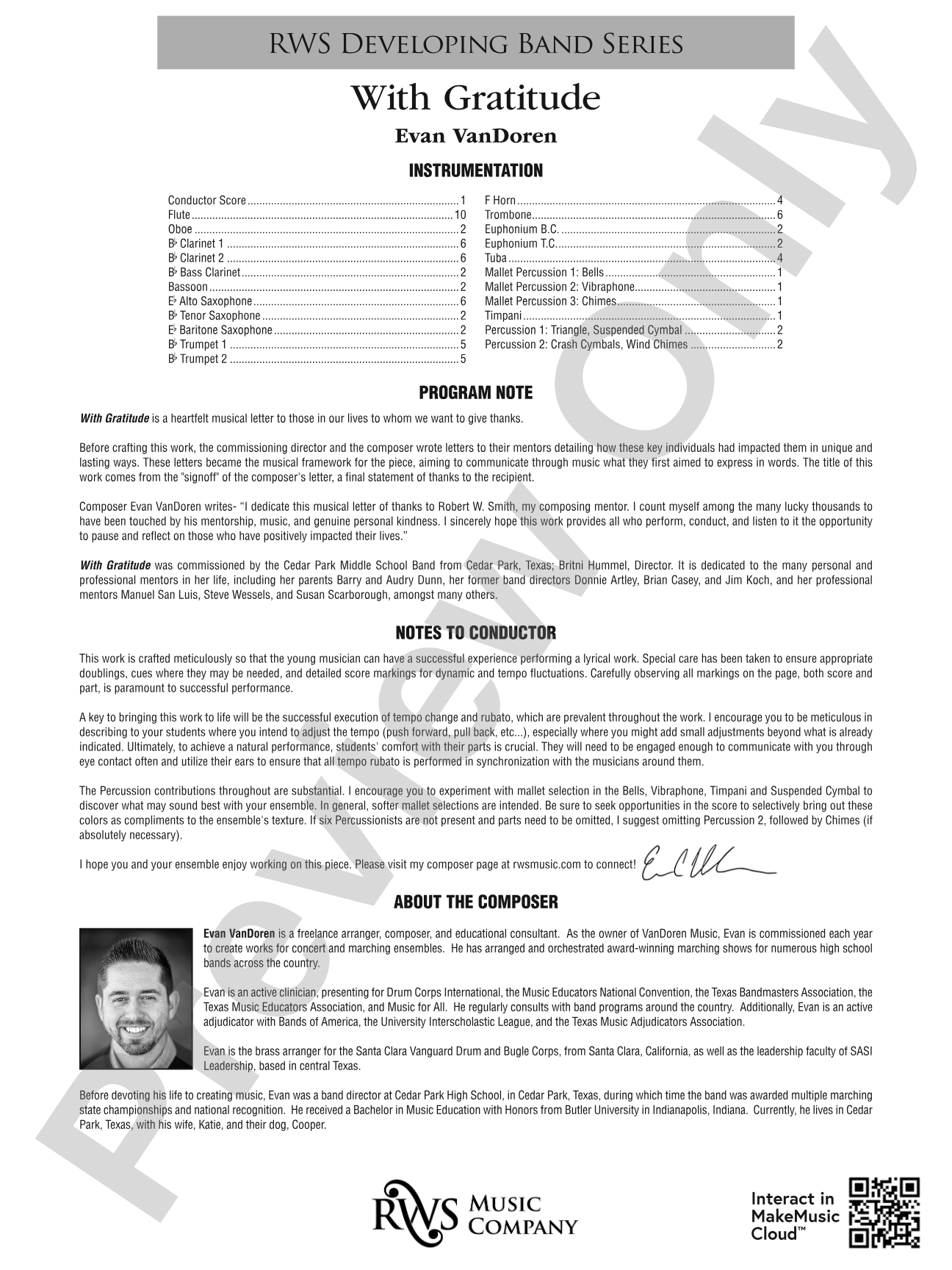 With Gratitude: Concert Band Conductor Score & Parts