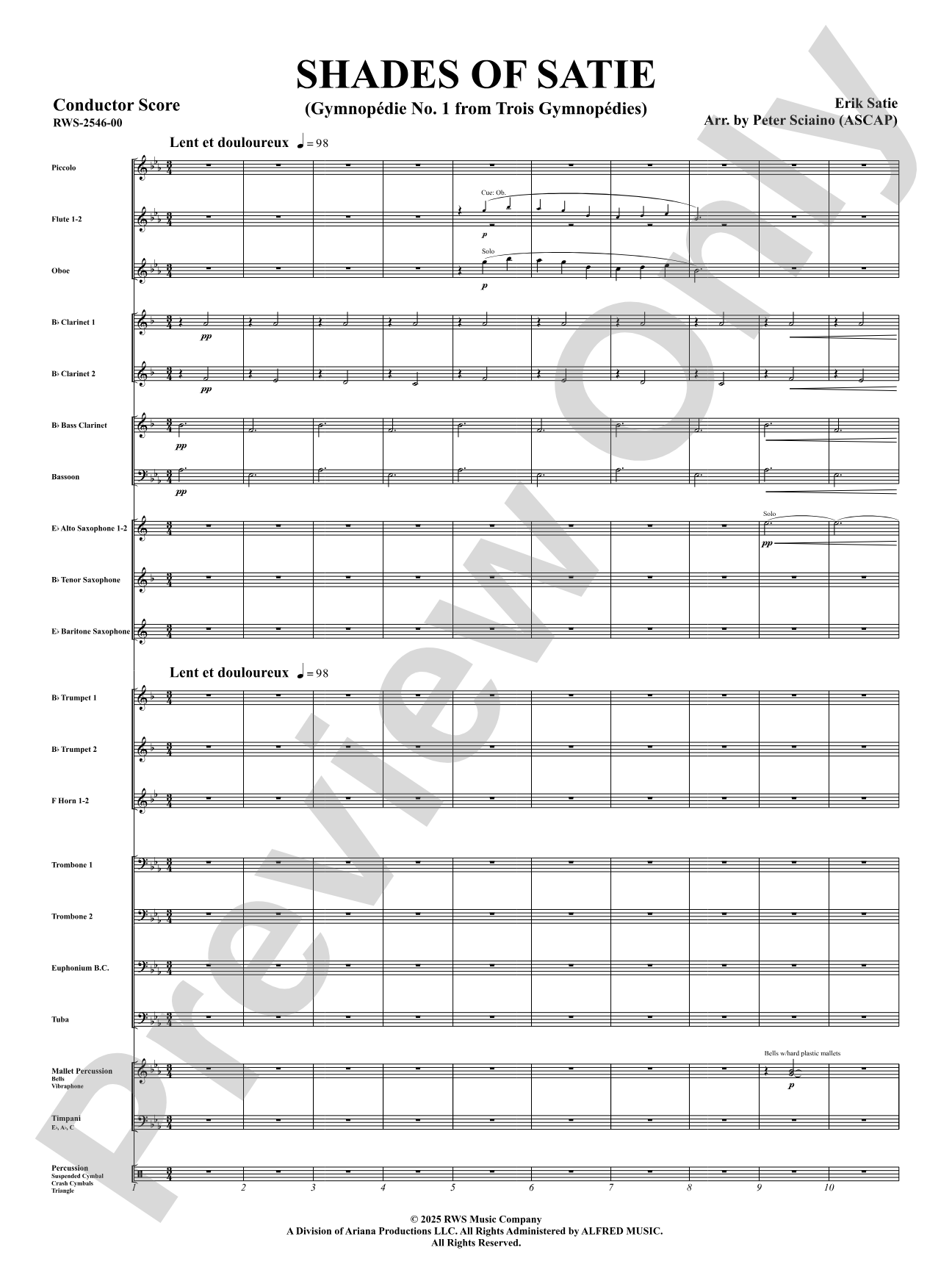 Shades Of Satie (Gymnopédie No. 1 from Trois Gymnopédies): Concert Band Conductor Score & Parts