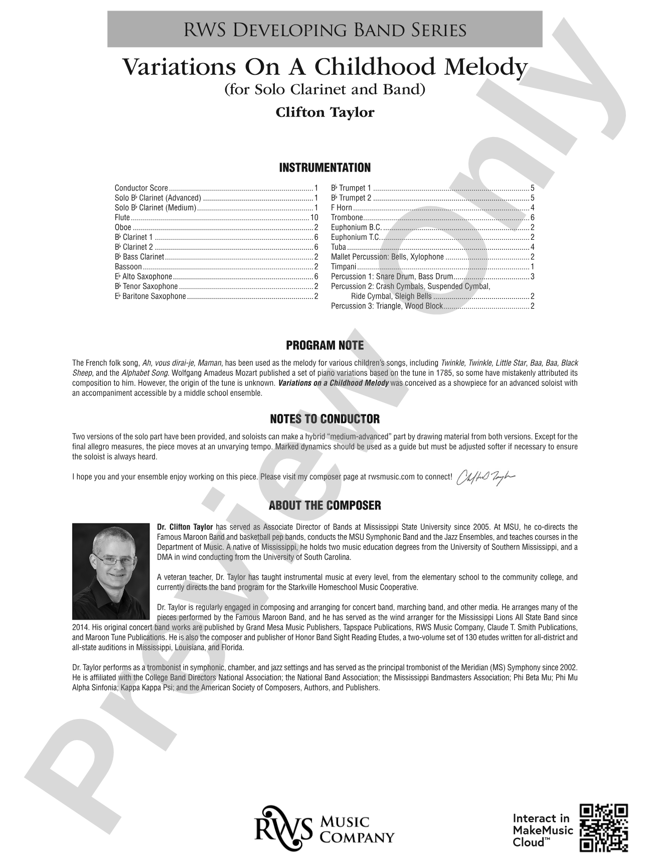 Variation On A Childhood Melody (for Solo Clarinet and Band): Concert Band Conductor Score & Parts