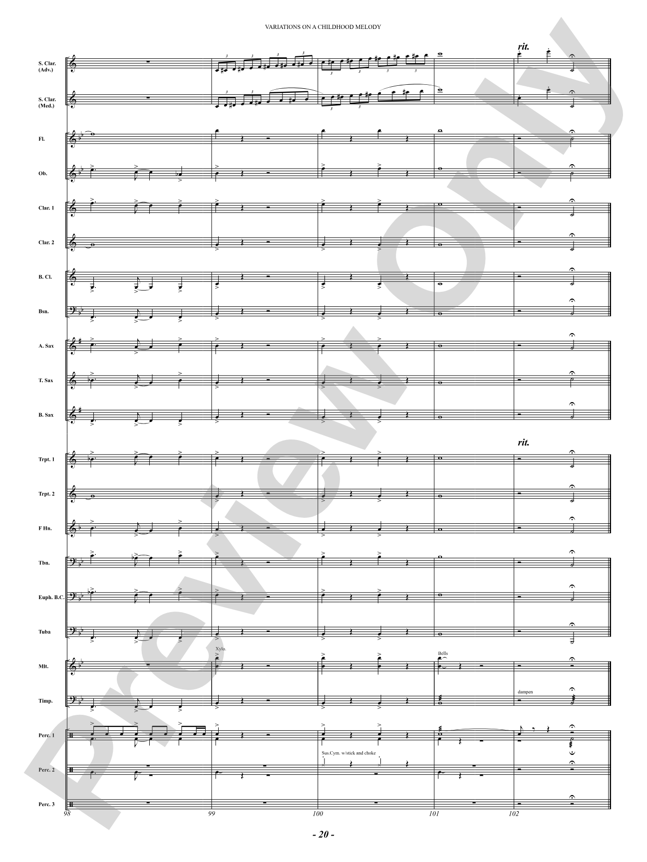 Variation On A Childhood Melody (for Solo Clarinet and Band): Concert Band Conductor Score & Parts