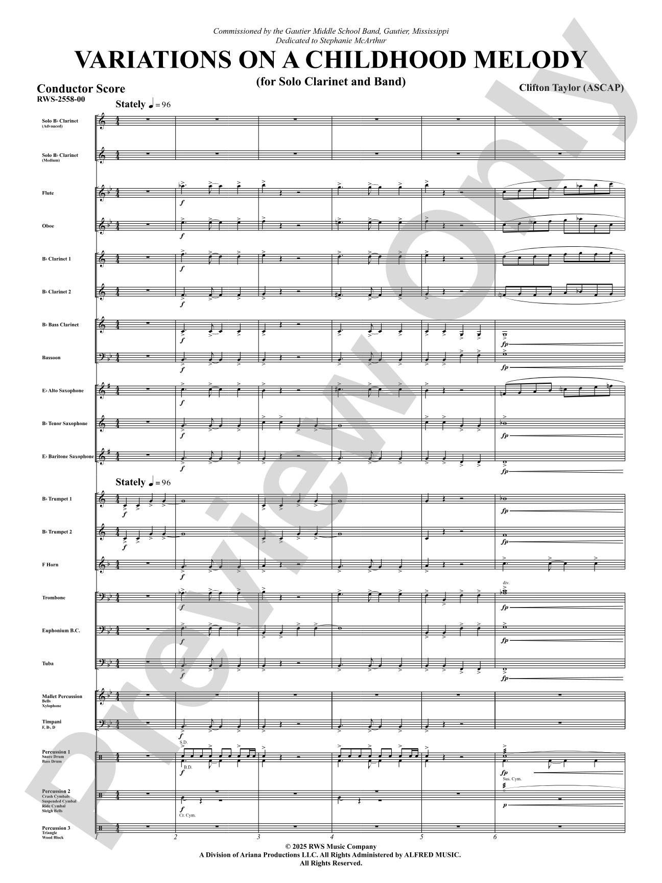 Variation On A Childhood Melody (for Solo Clarinet and Band): Concert Band Conductor Score & Parts